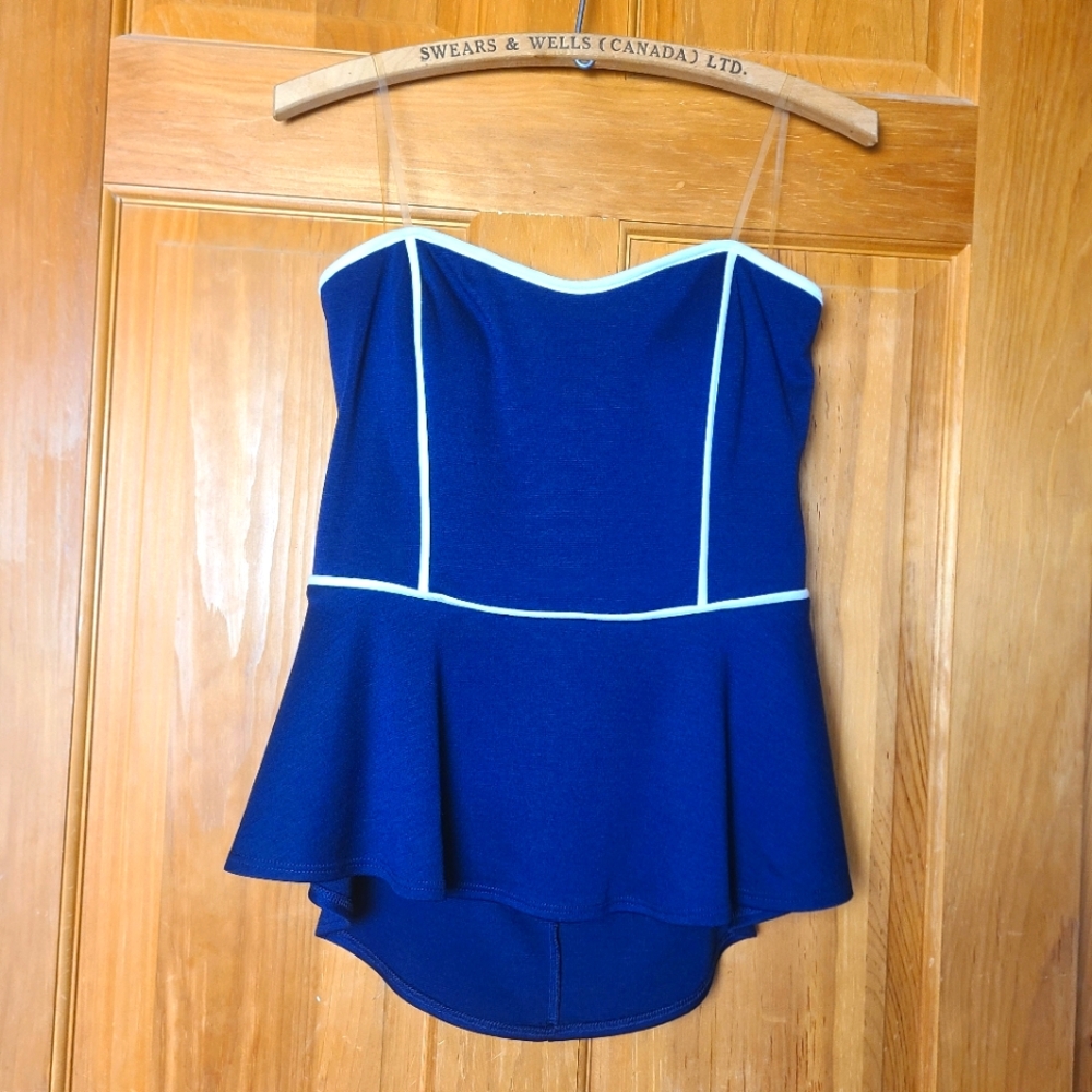NWT Studio Y Navy & White Trim Nautical Peplum Cutout Back Strapless Top Size L